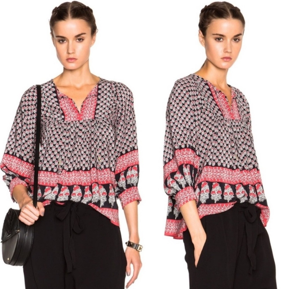 ULLA JOHNSON 100% Silk Printed Tie Neck Peasant Blouse Red Black Cream Size 2